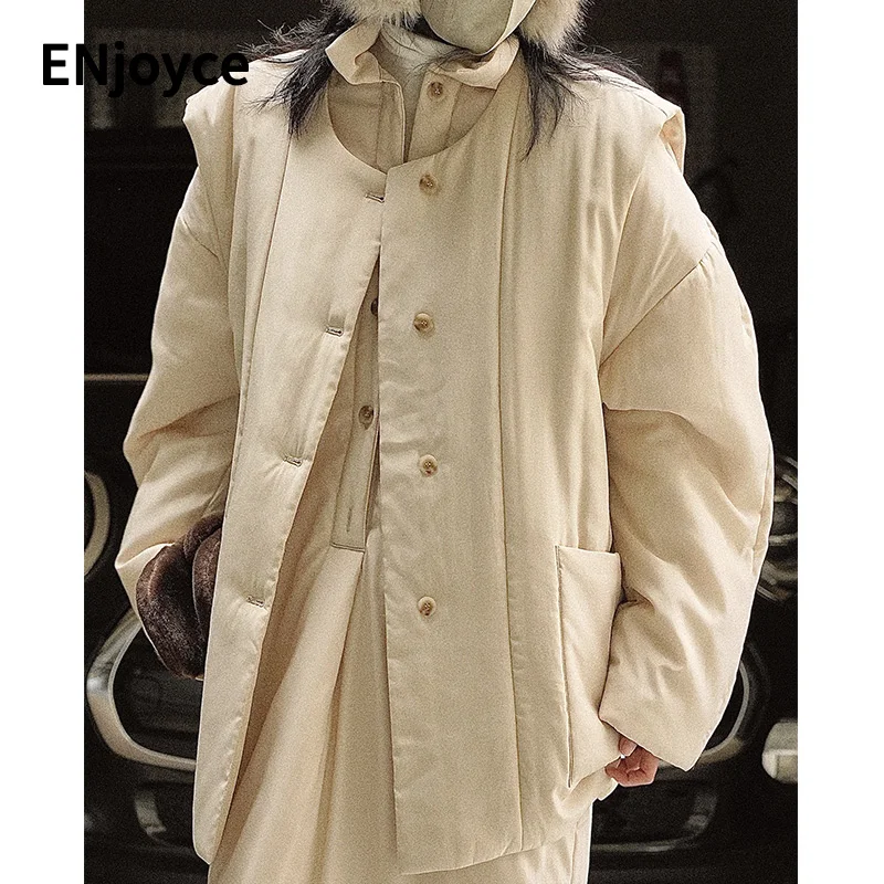 Winter Women Leisure Warm Cotton Vest Jacket Japanese Style Oversized Wide Shoulder Loose Fit Down Sleeveless Coat