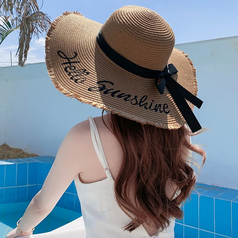 

2022 Hats For Women Summer Large Brim Straw Hat Floppy Wide Brim Sun Cap Bowknot Beach Foldable Hats New fedora hat women