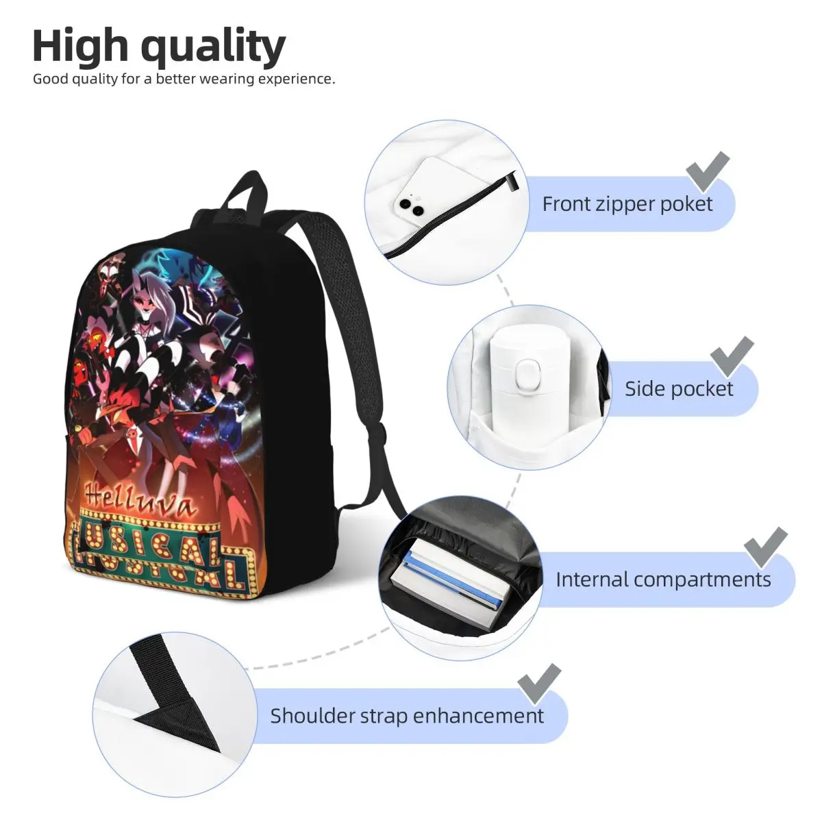 Черный комедийный рюкзак H-Helluva-Boss для мужчин и женщин крутой студенческий пешего