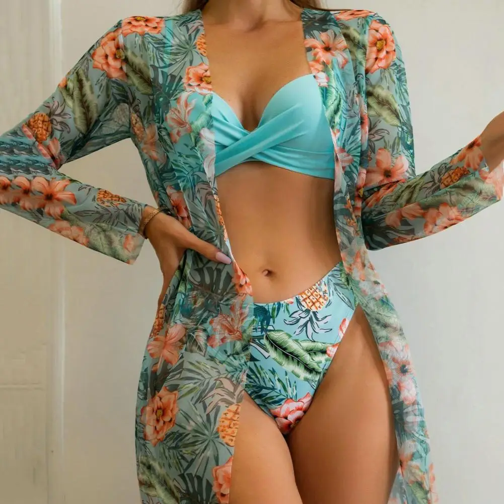 

3 Pcs/Set Beach Bikini Cover Up Set Flower Print Long Sleeves Push Up Adjustable Strap Sunscreen Thin Summer Swimming Swimsuit