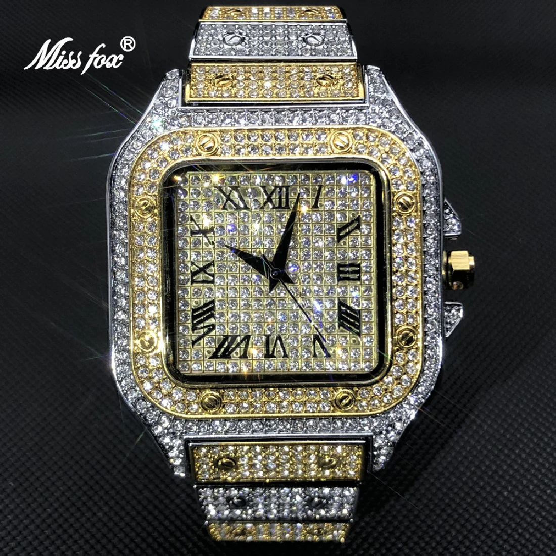

MISSFOX White Gold Men Watches Top Brand Luxury Full Diamond Square Quartz Male Watch Hip Hop Ice Out Waterproof Clock Gift 2021