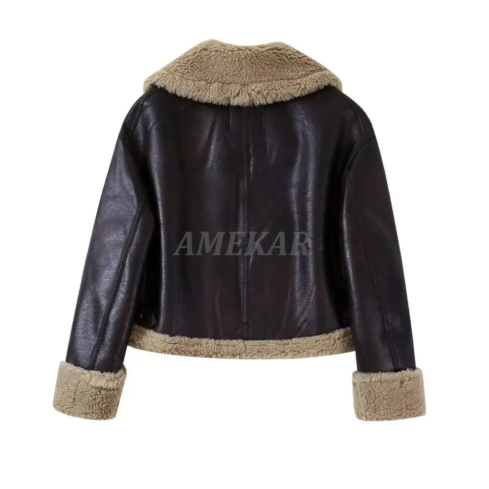 2022 Winter Woman Thick Warm Brown Faux Fur Leather Jacket Coat Female Casual Zipper Pockets Fashion Outwear Tops locomotive enlarge