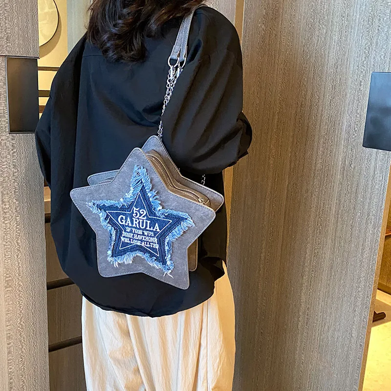 Creative Pentagram Backpack Women New Embroidered Letter Backpack Fashion Denim Shoulder Bags Commuter Storage Satchel Versatile