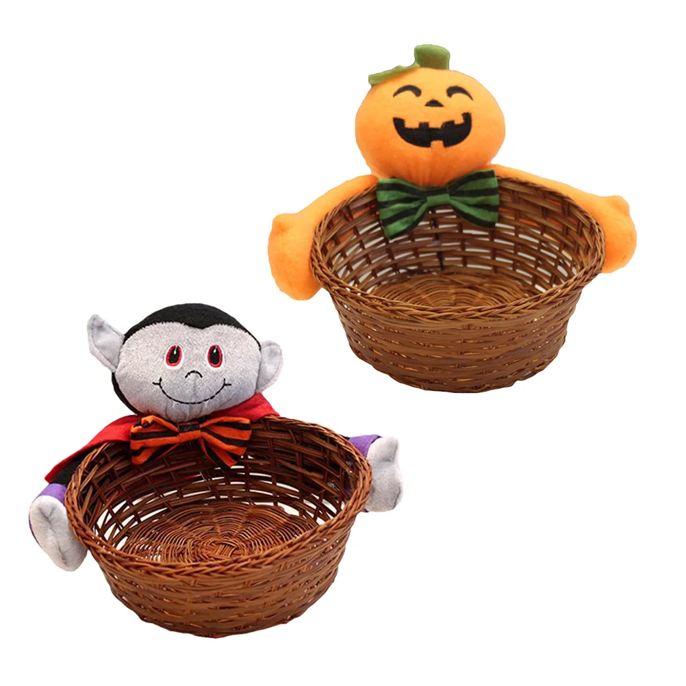 

2pcs Halloween Candy Basket Creative Decorative Accessory Basket Bamboo Weaving Basket Fruit Basket Pumpkin Fruit Basket Random