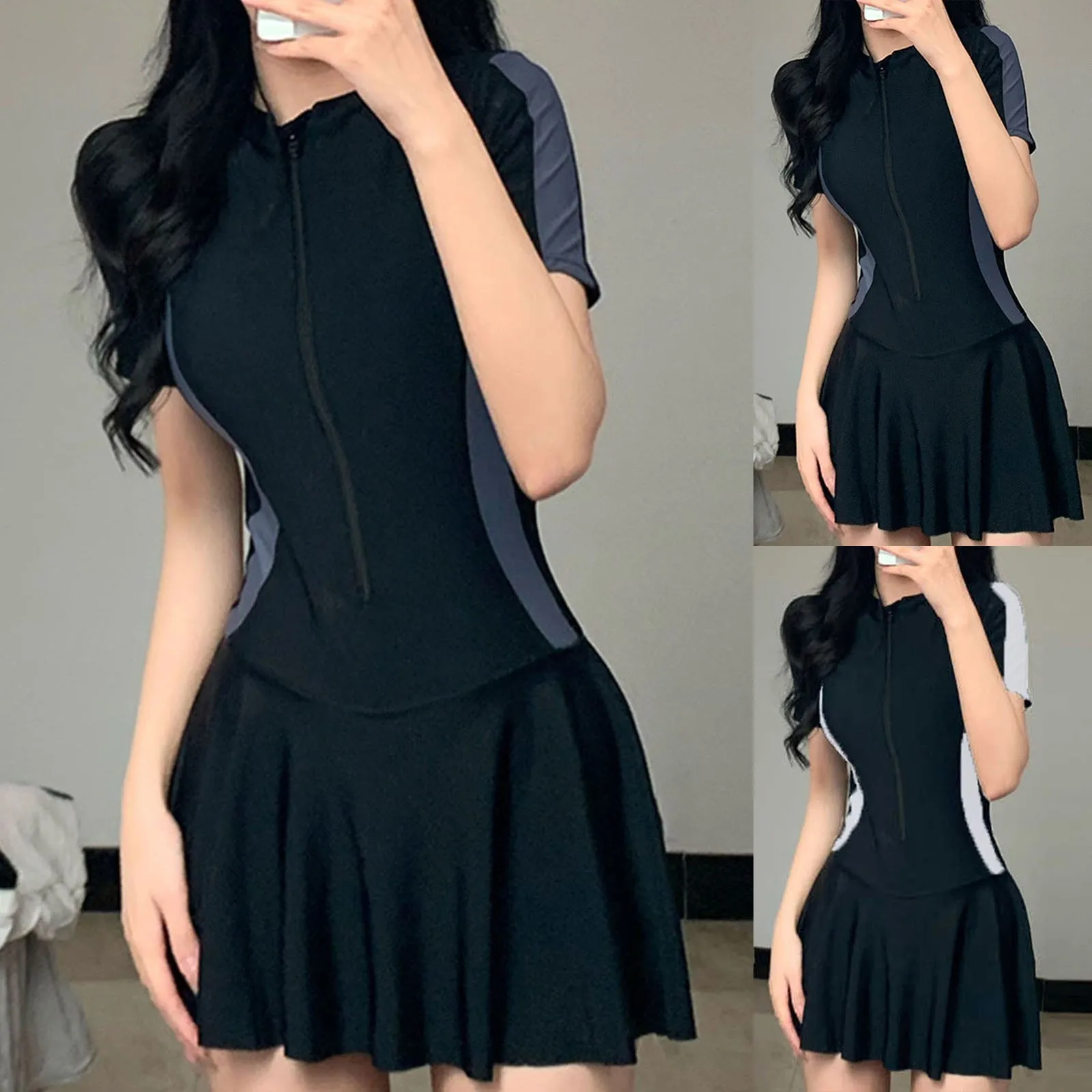 

Women Fashionable Short Sleeve Zipper Style Swimsuit Slim Hot Spring Swimsuit Bikini Top