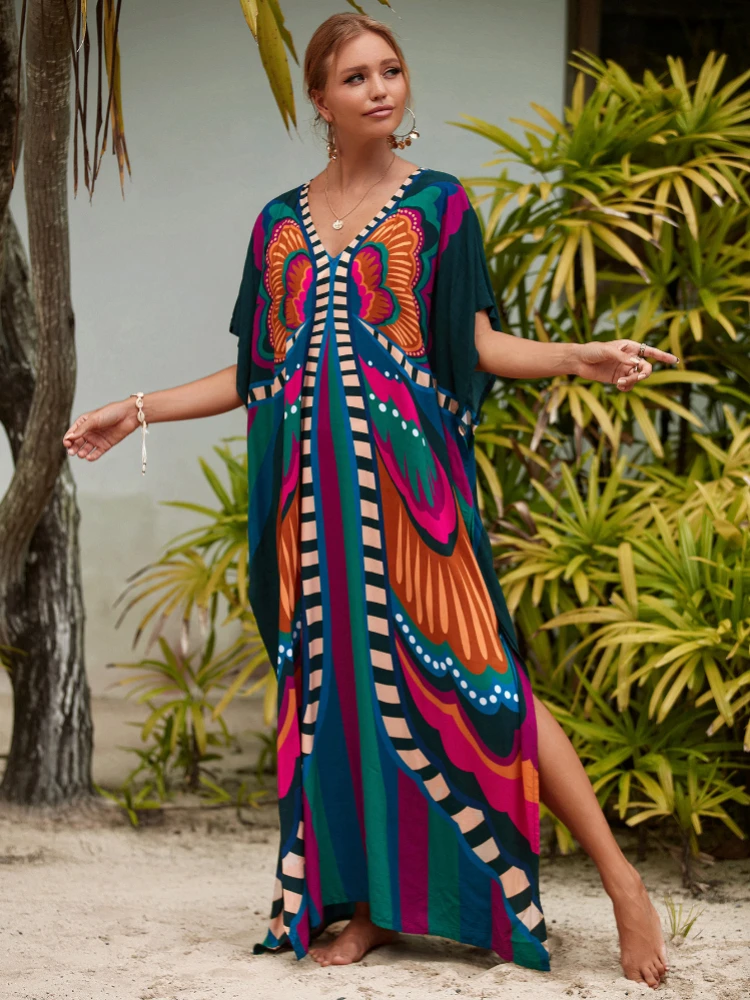 

Kaftan Dresses Beach Cover Ups Women Bohemian Maxi Robe Printed Tie Dye Rayon Summer Holiday Bathing Suits Dropshipping Hot Sale