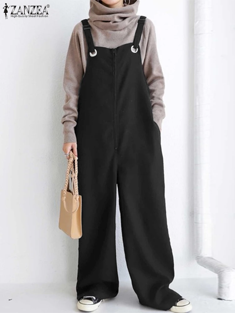 

ZANZEA Осенние повседневные Длинные Комбинезоны, женский модный комбинезон без рукавов, однотонные комбинезоны с широкими штанинами, женские ...