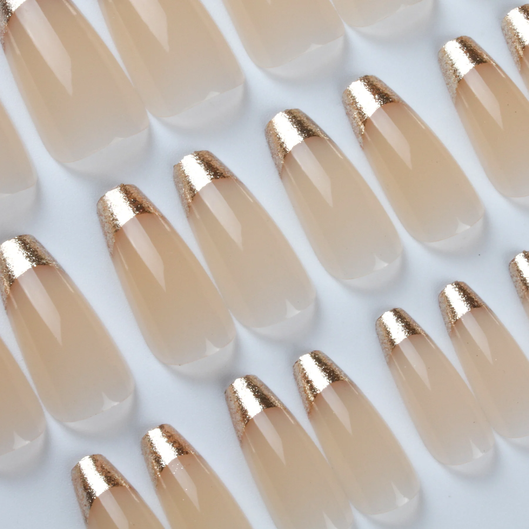 

30Pcs/Lot New Arrival Light Color French Fake Nail Golden Powder Wearing Medium Long T-shaped Ballet False Art Full Fingers
