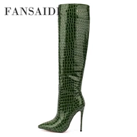 fansaidi fashion stilettos heels knee high boots green female boots winter sexy elegant new pointed toe big size4243 44 45 46 47