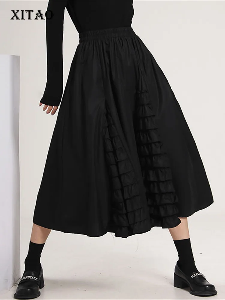 

XITAO Folds Skirts Black All-match Korea High Waist Patchwork Elastic Waist Simplicity Minority Fashion New Women LDD1015
