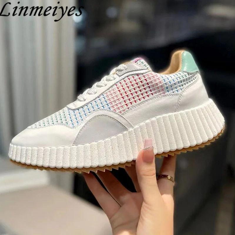 

Кроссовки женские на шнуровке, повседневная обувь для бега в стиле пэчворк, с круглым носком, на плоской подошве, разные цвета