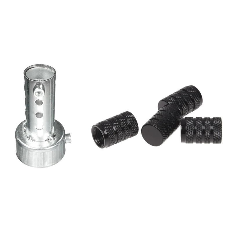 

4 Pcs Black Car Vehicle Tyre Tire Valve Stem Decorative Dust Cap Cover With 1 Pcs Silver Motorcycle Exhaust Can Muffler
