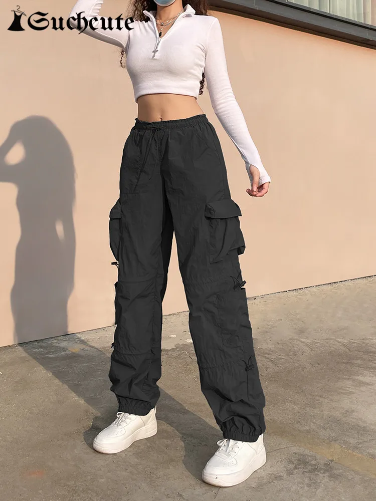 

SUCHCUTE Gothic Solid Cargo Pants Women's Streetwear Drawstring Casual Side Pocket Egirl Trousers Dark Hip Hop Low Rise Outfits