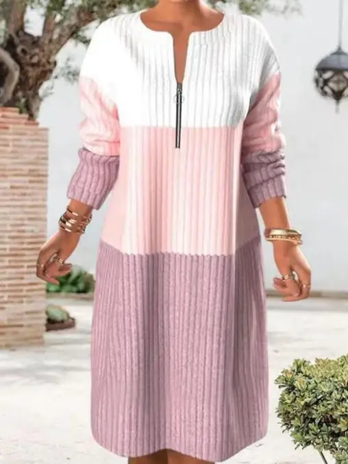 

Women's Zipper Contrast Splicing Design Long Sleeve Dress Autumn New Woman Fashion Loose Pullover Dresses