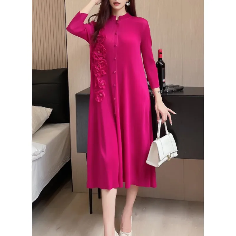 

Женское плиссированное платье, свободное однобортное платье-Кардиган большого размера с воротником-стойкой