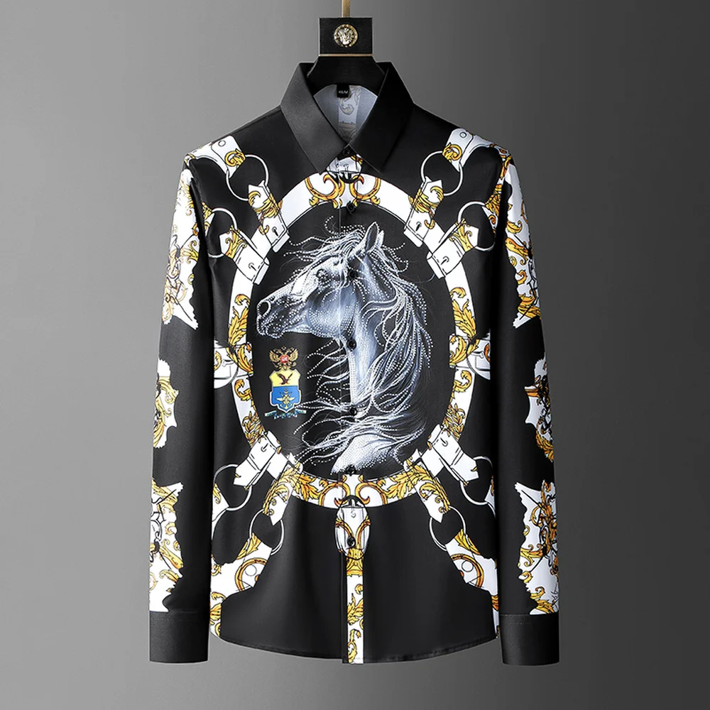 

Luxury Retro Rhinestones Men's Shirts Slim Fit Long Sleeve Casual Business Dress Shirt Social Party Tuxedo Camisa Masculina