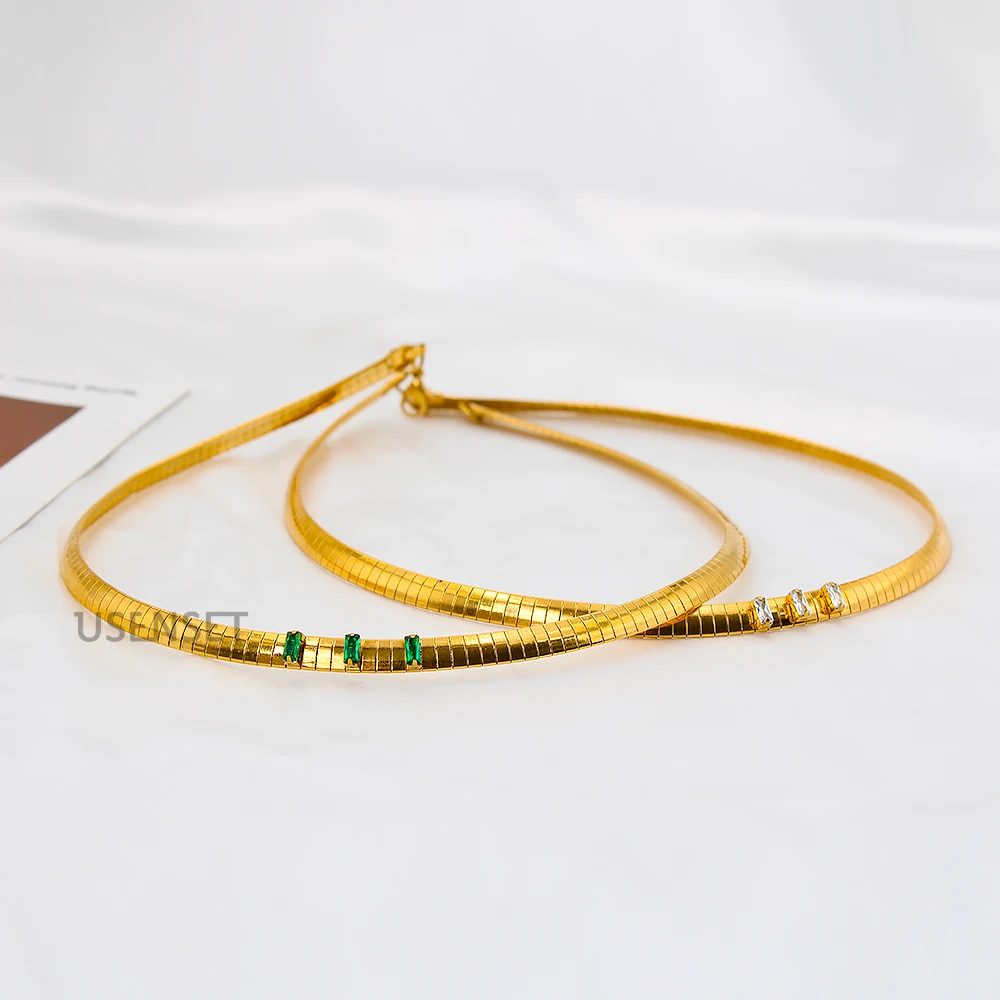 

Stainless Steel Choker Torques AAA Zircon Snake Chain Necklace Gold Plated Jewelry Set Flat snake Necklace
