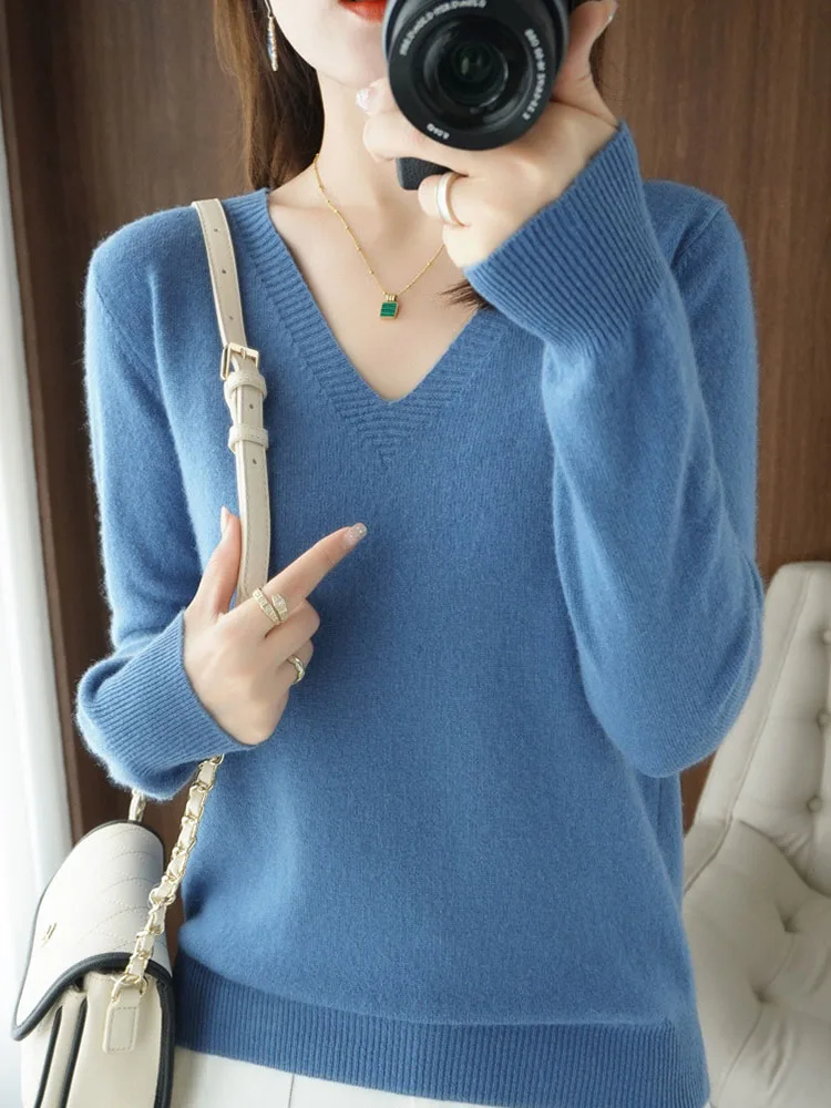 Женский свитер 2024 осенне-зимние вязаные пуловеры облегающая рубашка с v-образным