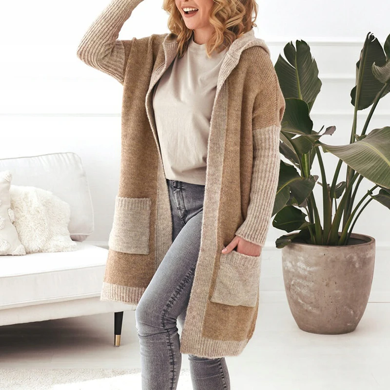 

Contrast Patchwork Pocket Sweater Cardigan New Winter Soft Lazy Style Women Cardigan Fashion Hooded Letter Print Knit Midi Coat
