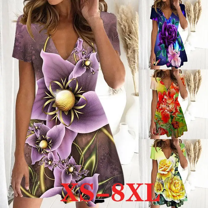 

Fashion Abstract Floral Art Pattern Summer Casual Loose Print V Neck Short Sleeve Dress Fashion Plus Size Party Dress XS-8XL