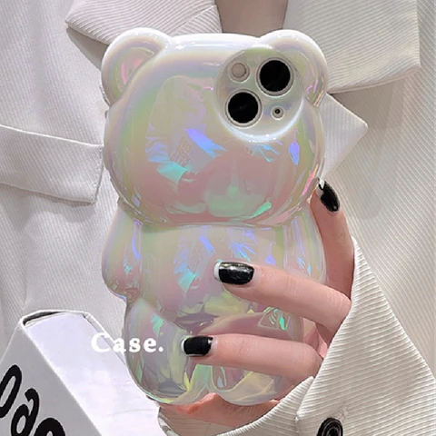 Корейский Медведь Аврора лазерный Прозрачный чехол для телефона iPhone 15 14 13 12 11 Pro Max Plus роскошный мультяшный медведь прозрачный мягкий силиконовый чехол