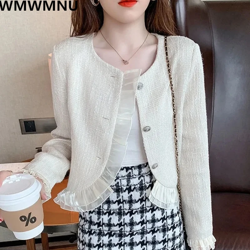 

Elegant Lace Agaric Edge Tweed Women Short Jacket Korean Chic Woolen Cropped Coat Spring Sweet Fashion Wool Blend Chaquetas New