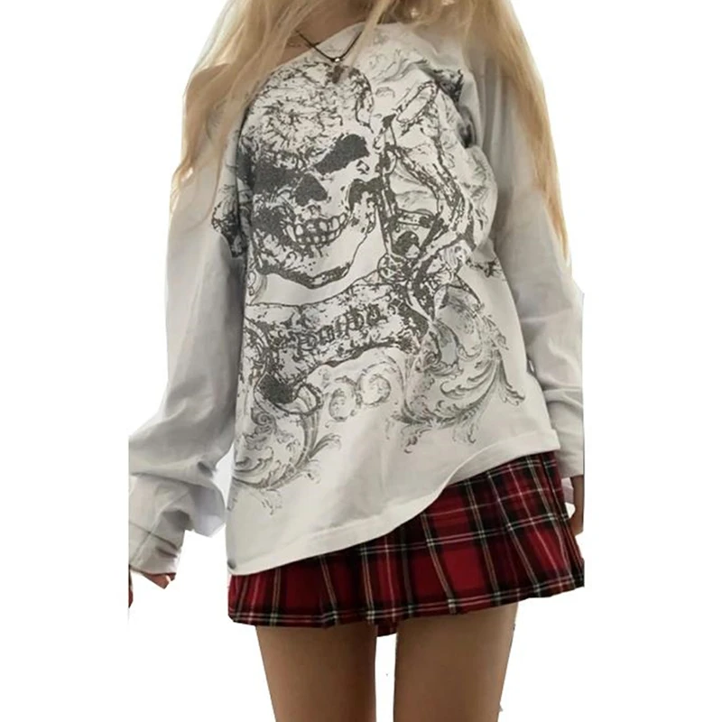 

Женский свободный пуловер с рисунком черепа, винтажный топ с круглым вырезом и длинным рукавом, Y2k, гранж, уличная одежда