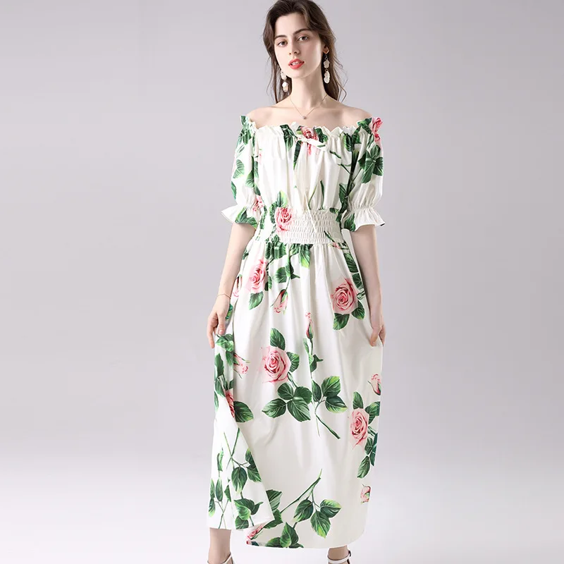 2022 Women Summer New Seaside Holiday Fairy Dress Rose Print Waist Large Swing One-word Collar Off-shoulder Dress
