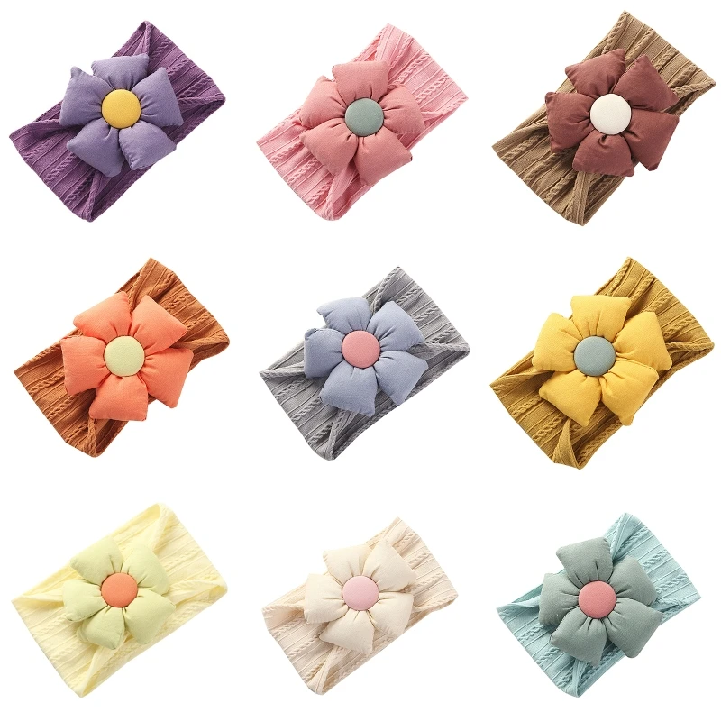 

Newborn Infant Baby Wide Nylon Headband with Big Stuffed Flower Bow Twist Braided Cable Jacquard Elastic Hair Band Toddlers
