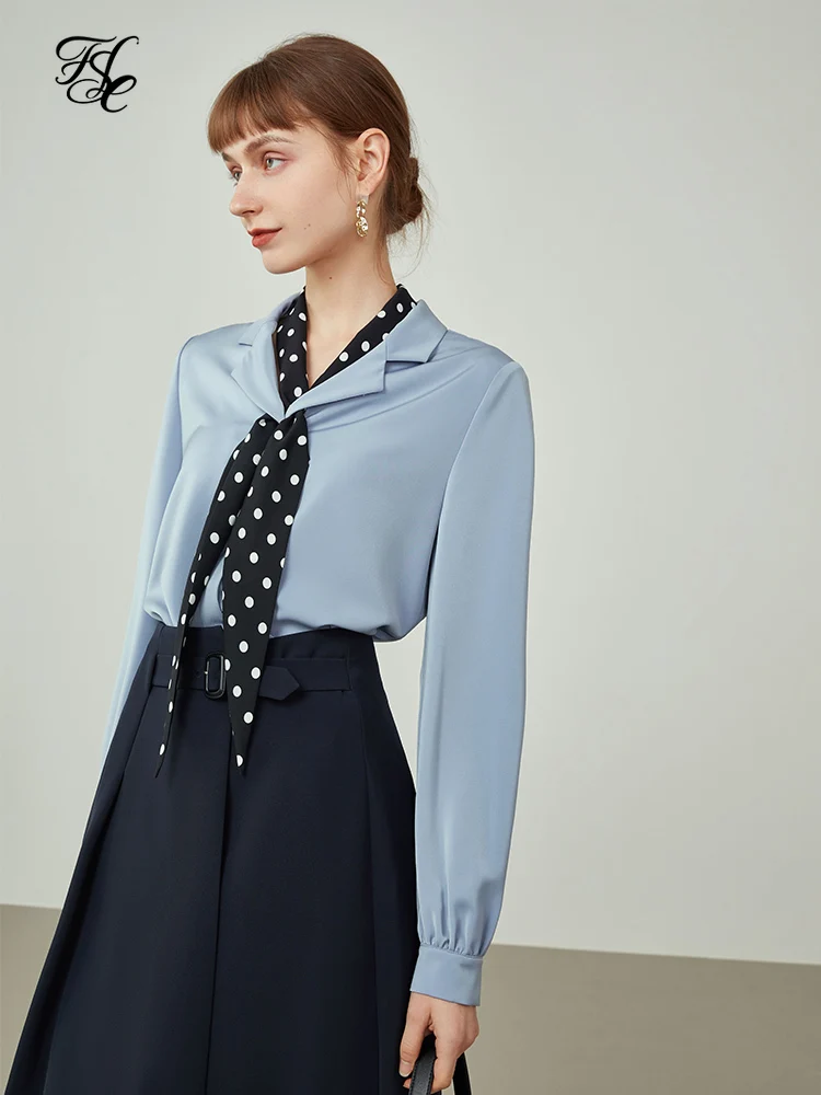 

FSLE Women Suit Collar Chiffon Shirt Long-sleeved Design Niche Professional Streamer Shirts Solid Simple Casual Women Tops