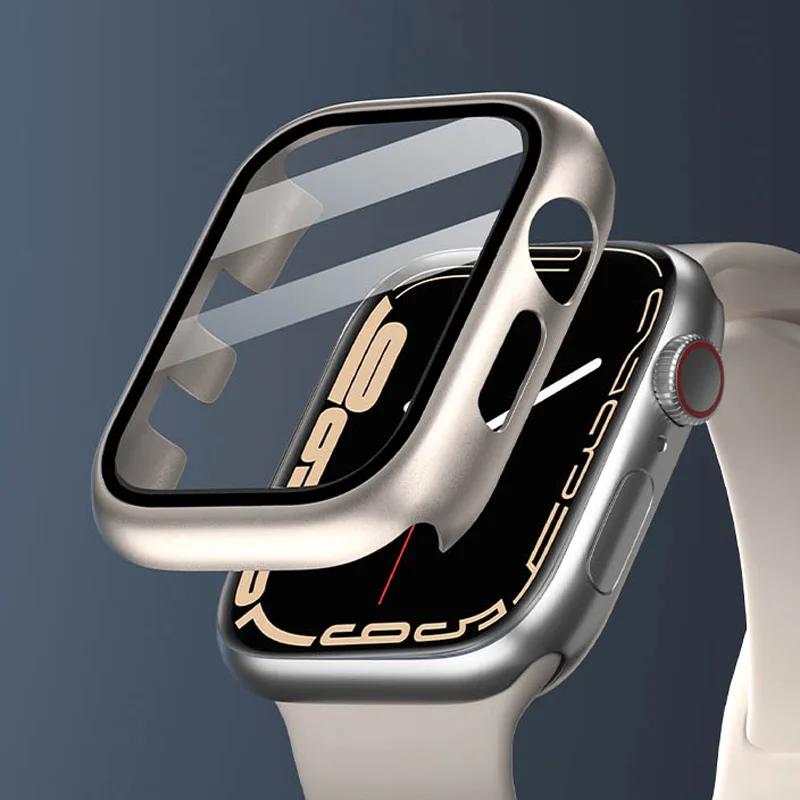 

Стекло + крышка для Apple Watch Чехол 45 мм 41 мм 44 мм 40 мм 42 мм 38 мм бампер закаленный чехол Защита для экрана iwatch serise 8 6 se 7 Чехол