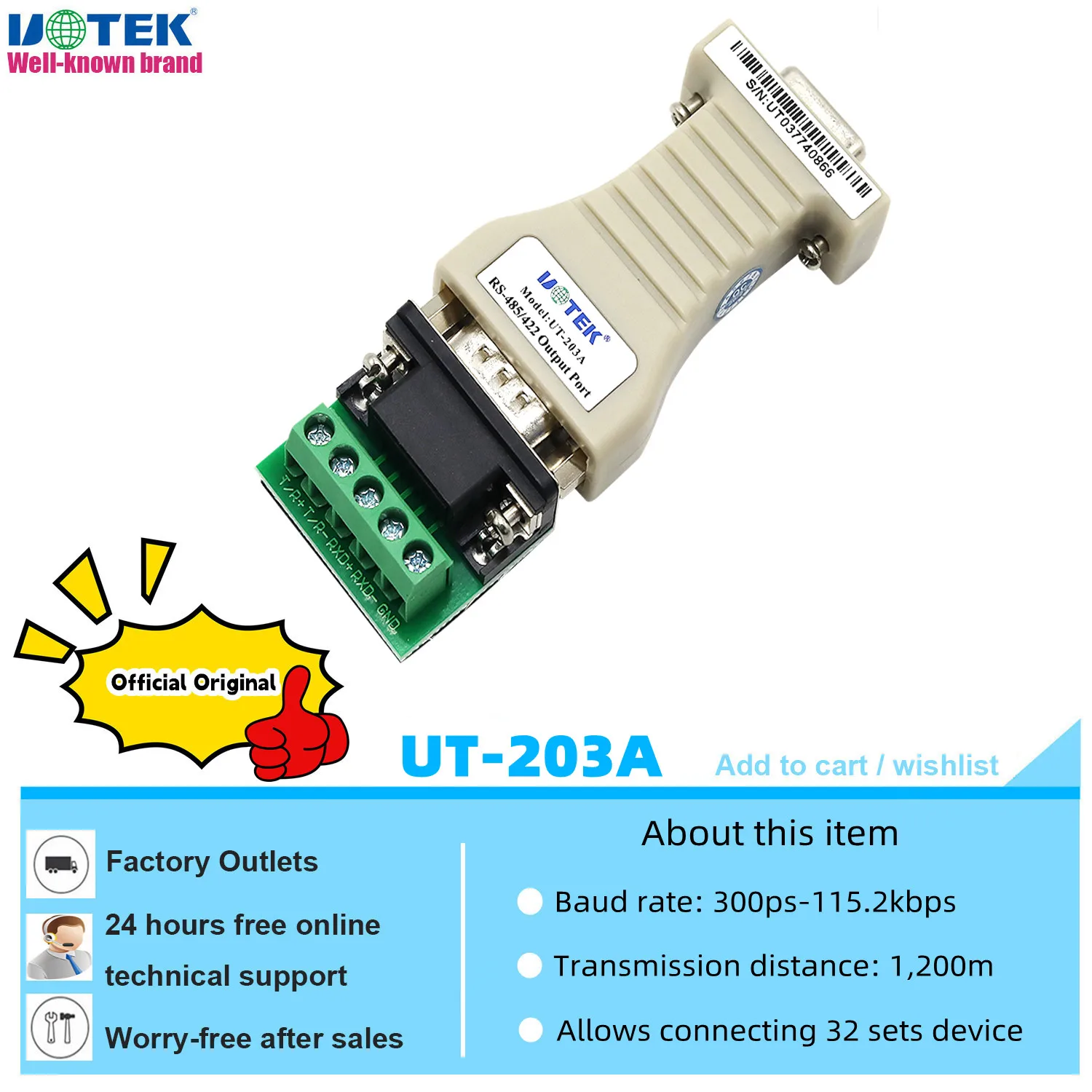 

UOTEK RS-232 to RS-422 RS-485 Converter Rs232 to Rs485 RS422 Adapter Mini Kонвертер DB9 Connector UT-203A