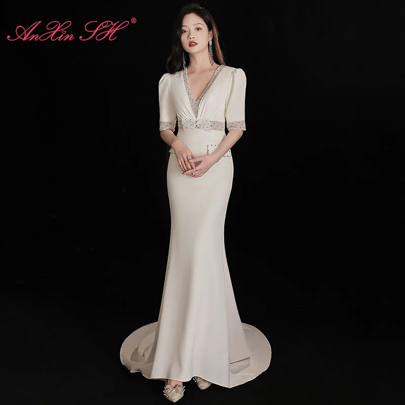 

Белое Атласное Вечернее платье-Русалка AnXin SH для принцессы, винтажное вечернее платье с v-образным вырезом и полурукавами, расшитое бисером, с бантом и кристаллами, для невесты