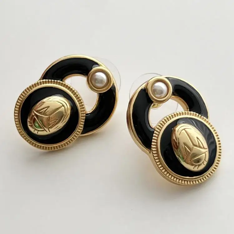 

European and American black oil drop pattern hollowed out double circular ring earrings