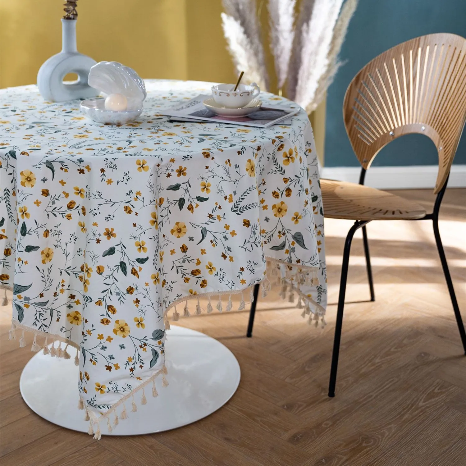 

Flowers Leaves Tablecloth Creative Tassel Rectangular Coffee Table Cloth Cotton White Printed Dining Table Cover Home Decor 1pcs