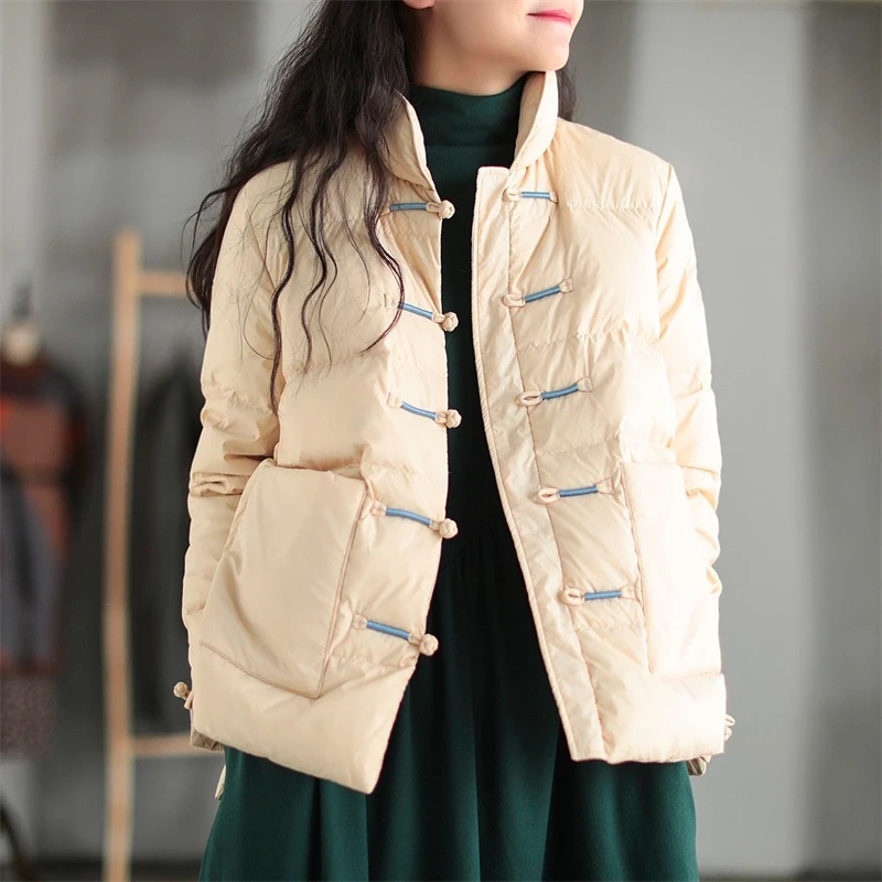 Vintage Stand Collar Down Jacket Women's Winter Warm Parkas 2022 New Outdoor Snow Coat Female Fashion Single-Breasted Outerwear