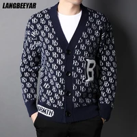 top grade new brand knit fashion cardigan preppy men sweater korean casual long loose fit coats japanese jacket men clothes