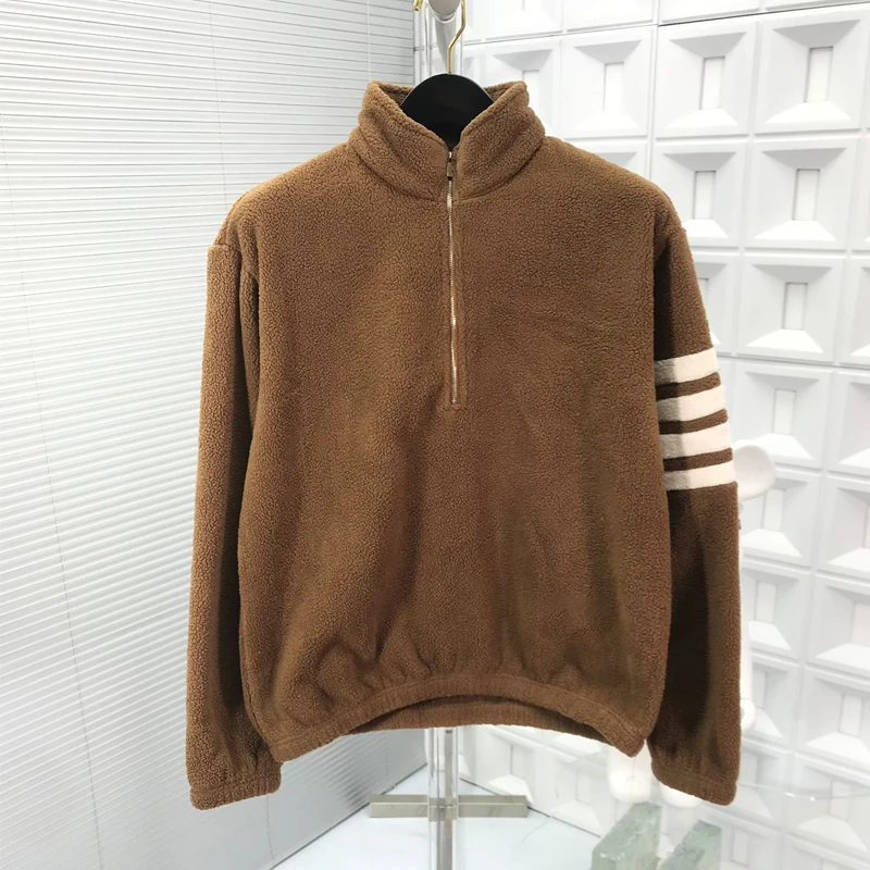 New Sweater Pullover Stand Collar Solid Women Pullover Luxury Brand Style Half Zipper White Stripes Men TB Jacket Coaat
