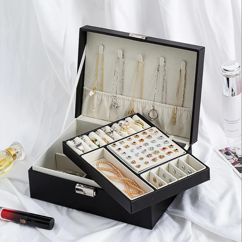 Multi-functional Jewelry Box Three-layer Leather Drawer-style Earrings Lock Jewelers Waterproof Display Organizer Boxes Supplies