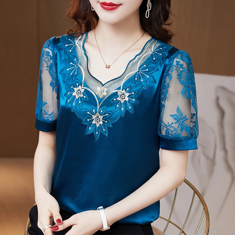 

Elegant Lace Embroidery Satin Silk Blouses And Shirts Spring Summer Casual Loose Black White Party Shirt Women Tops Clothing
