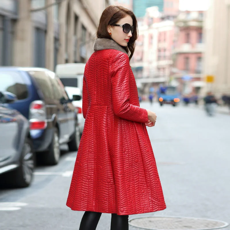 

2023Leather jacket,Women Genuine Leather Jacket With Natural Mink Fur Collar Long Slim Real Leather Parka Warm Winter Sheepskin