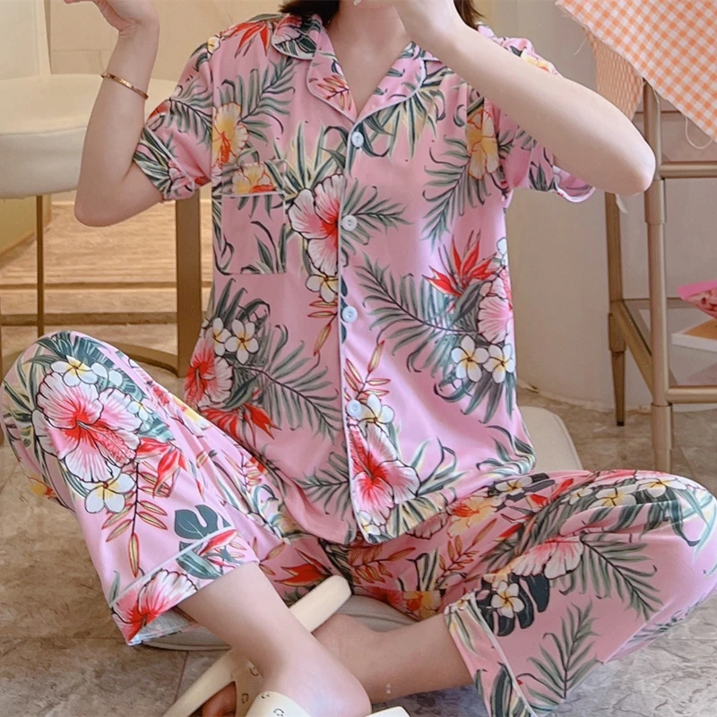 Summer Cotton Pajamas Women's Floral Print Short-sleeved Trousers Cardigan Sweet Casual Loose Luxury Home Wear Pj Sets for Women