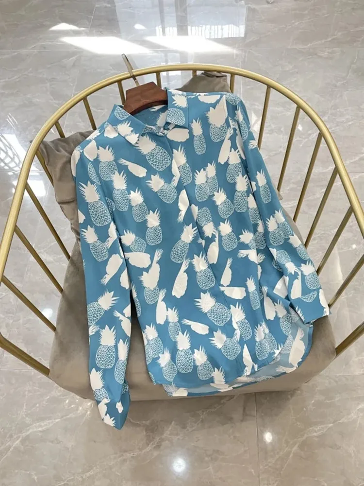 

Женская блузка из 100% шелка с принтом ананасов, Женская однобортная мягкая голубая рубашка с отложным воротником и длинным рукавом, топы