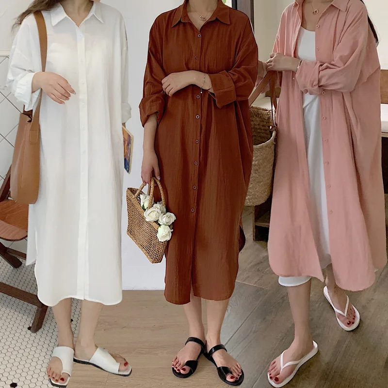 

Spring Autumn Korea Lazy Style Simple Long Over Knee Cardigan Shirt Solid Color Polo Collar Cotton Linen Dress Women's Clothing