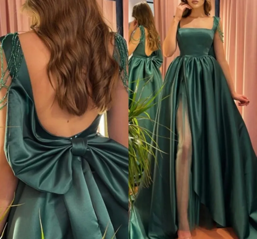 

Женское атласное платье с квадратным вырезом, зеленое платье-трапеция с открытой спиной, бахромой и разрезом, платье для выпускного вечера, ...