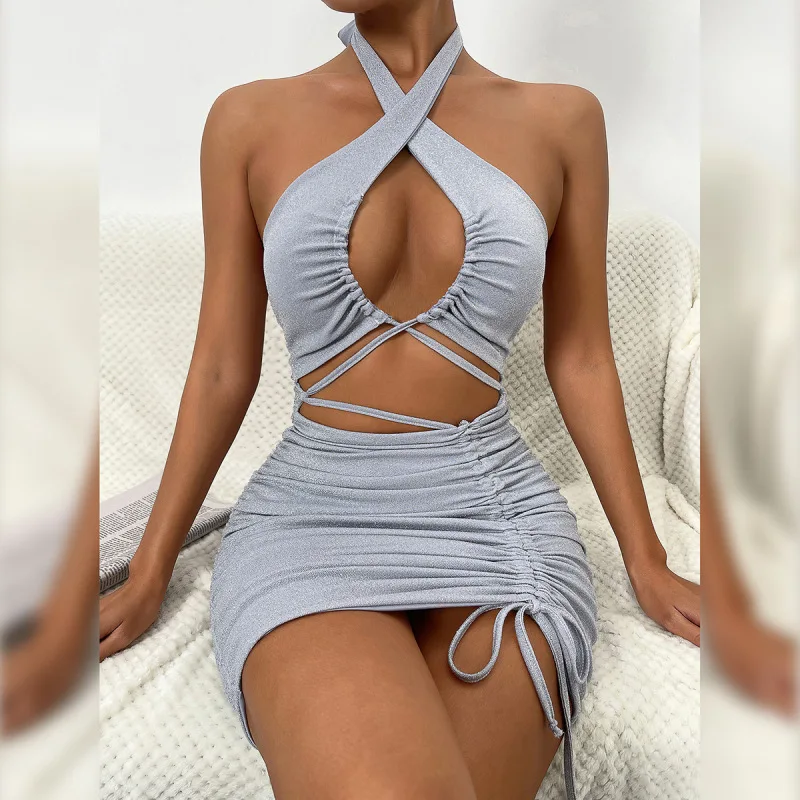

Suspender Dresses for Women 2022 Summer Sexy Cutout Strappy Pleated Hip Dress Silver