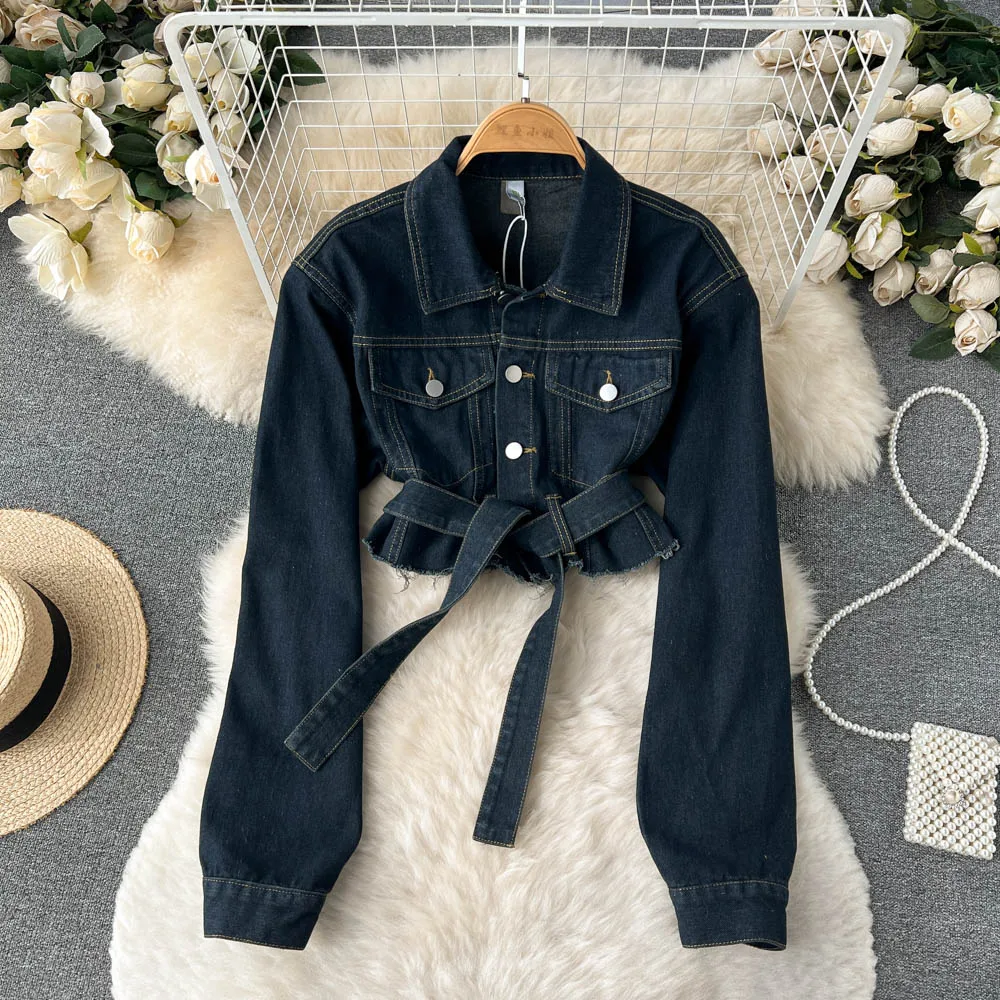 

Europe and the United States Retro Short Section Straps Lapel Fashion Small Incense Wind Design Sense of Denim Jacket