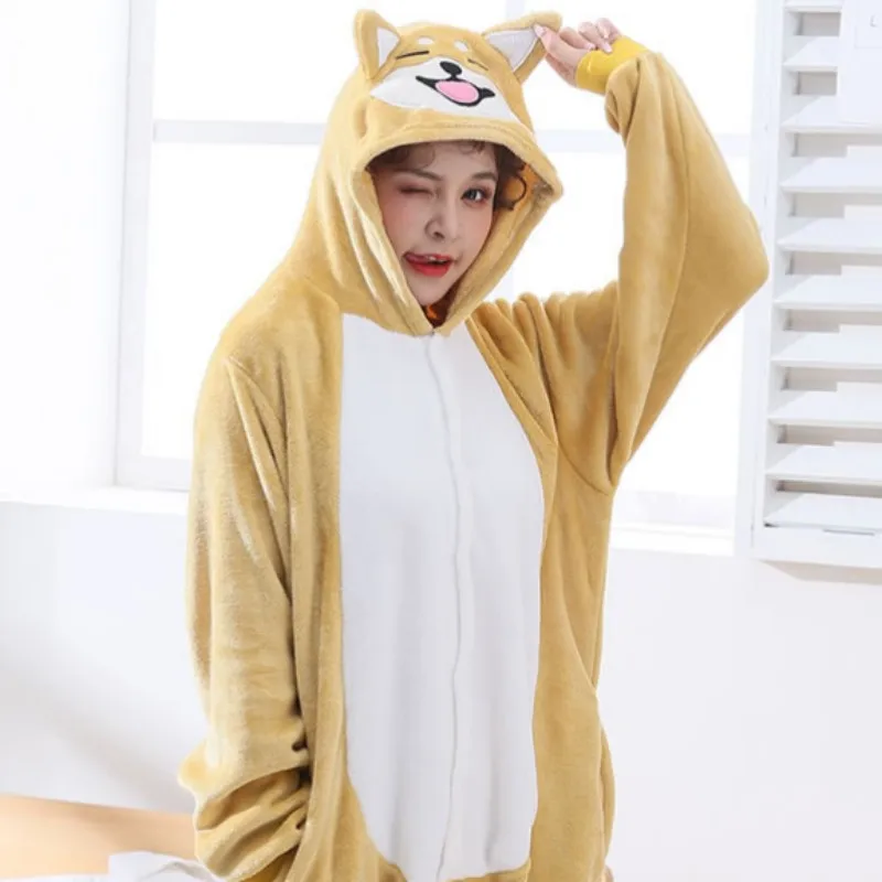 Animal Kigurumi Dog Cartoon Onesie Long Length Women Winter Pajamas Set Adult Men Anime Cosplay Pijama Fleece One-Piece Bodysuit