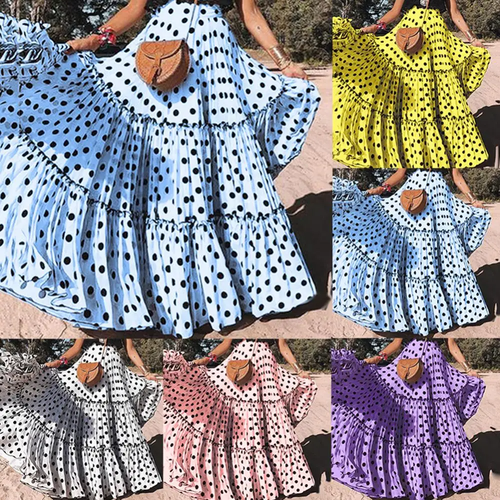

Polka Dot High Waist Skirt Ruffle Summer Women Plus Size Ruffled A Line Swing Maxi юбочка сексуальная dropshipping