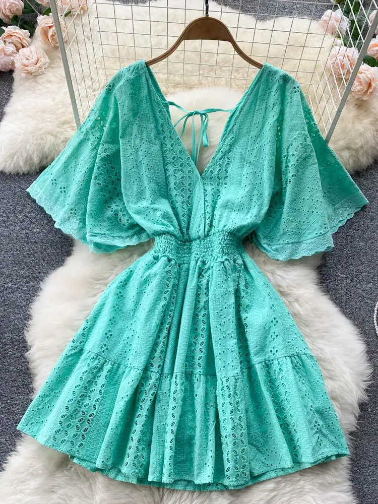 

ZCWXM Summer French Dress Women Short Sleeves V Neck Mini Sundress Casual Backless Slim Famale Hollowed Out Dress